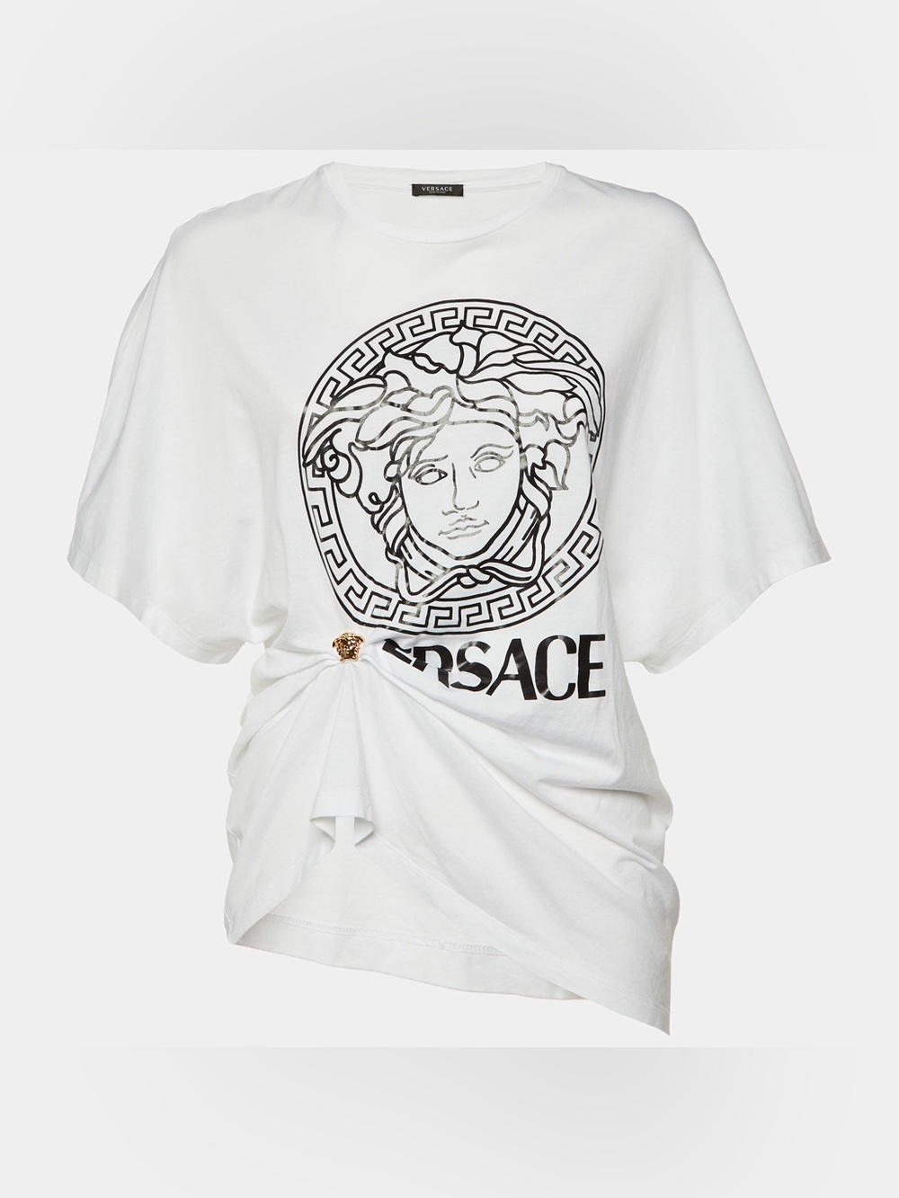 Versace White Logo Print Cotton Medusa Gathered Detail T-Shirt Size 38
